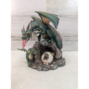 Resin Dragon Figurine Mother with Hatchlings Egg Cave Crystal Orb Hand Painted